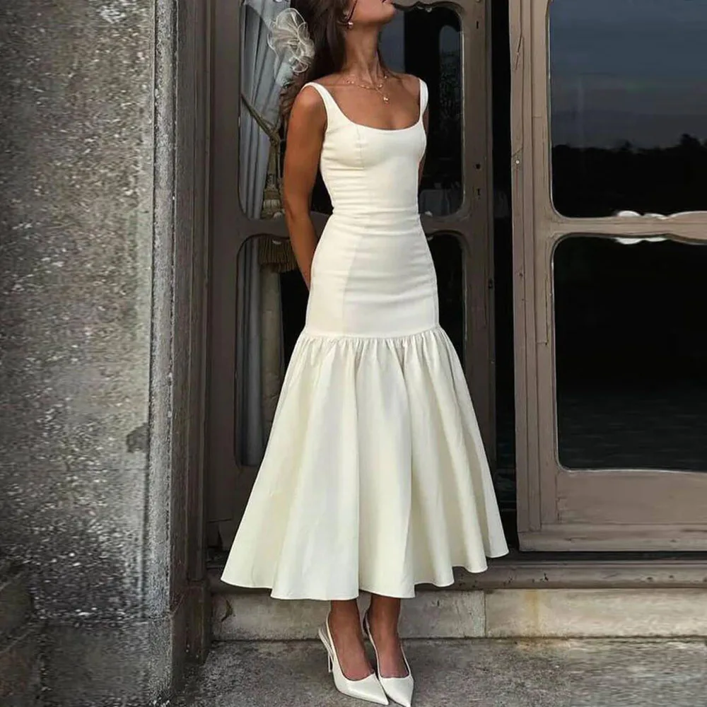 

Biege Men Suit High Quality Formal Occasion Sqaure Collar Sleeveless Special Mermaid Pleat Tea Length Female Gown Classic 2025