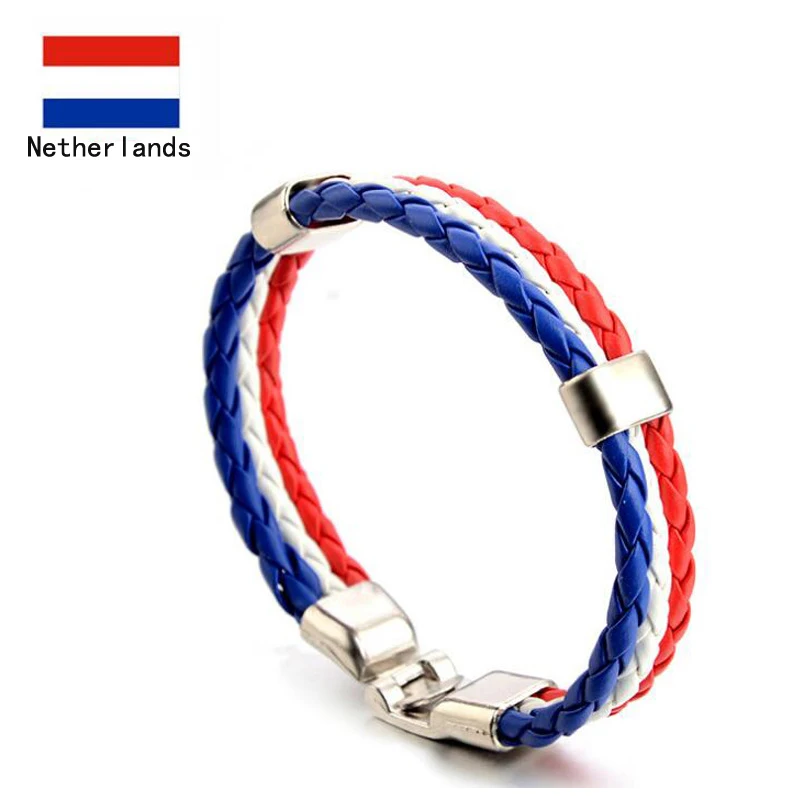 Stainless Steel Men  Spain Germany France Italy Argentina National Flag PU Leather Bracelets Handmade Jewelry