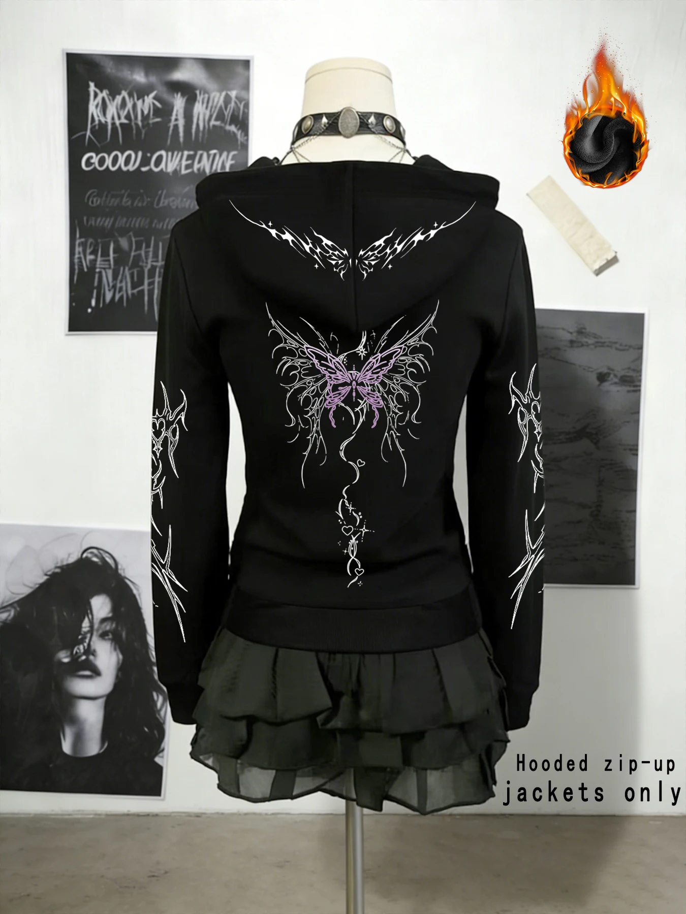 

Winter Y2k Gothic print thick heavy velvet black hooded zipper jacket slim temperament women's jacket casual lazy commuter style