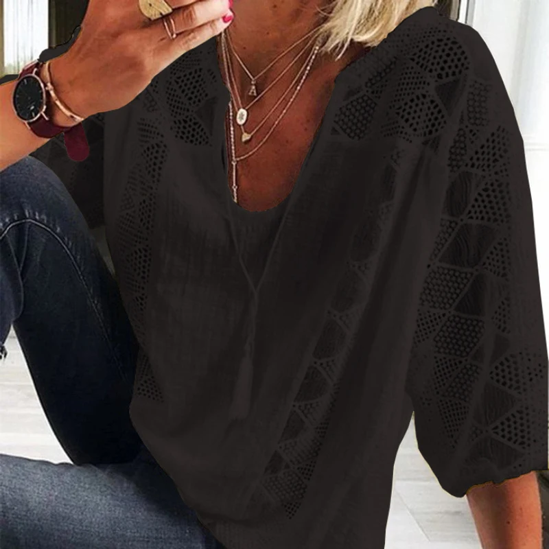 Elegant Summer Lace Stitching Blouse Women Tops Vintage U-neck Three Quarter Sleeve Cotton Shirt 2023 Casual Loose Clothes 24294