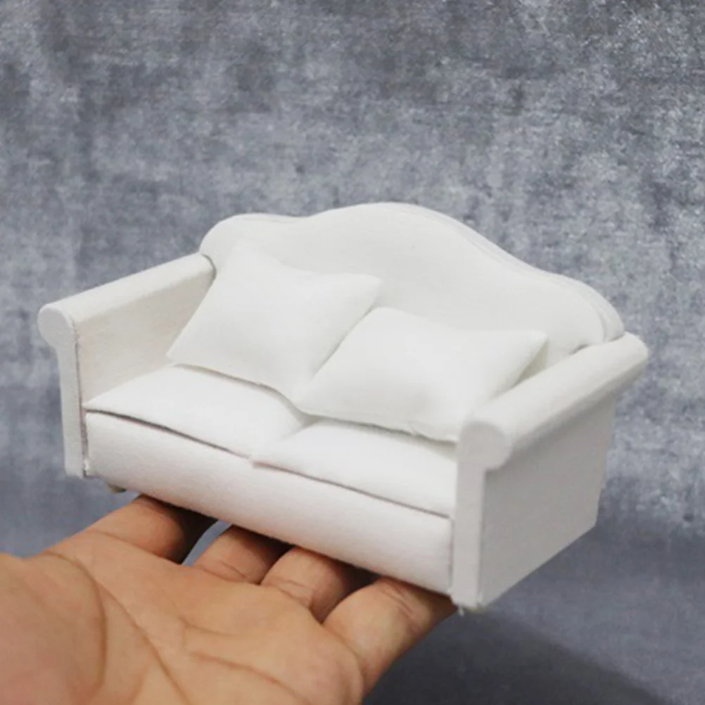 White Fabric Sofa Delicate Mini House Figurine Decorative Tiny Couch Furniture Small Miniature Accessory