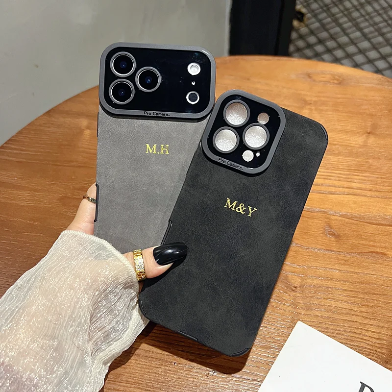 Luxuriöse Lammleder-Hülle mit personalisierten Initialen und Namen für iPhone 17, 16, 15, 14, 13, 12, 11, Pro Max, weiche Lederhülle