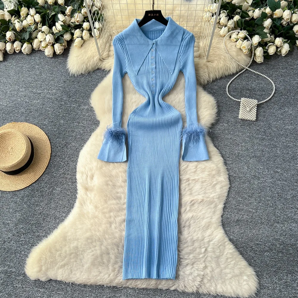 YuooMuoo Merk Mode Esthetische Gebreide Maxi Jurk Herfst Winter Vrouwen Luxe Shirt Trui Jurk Sexy Wrap Heupen Party Vestido