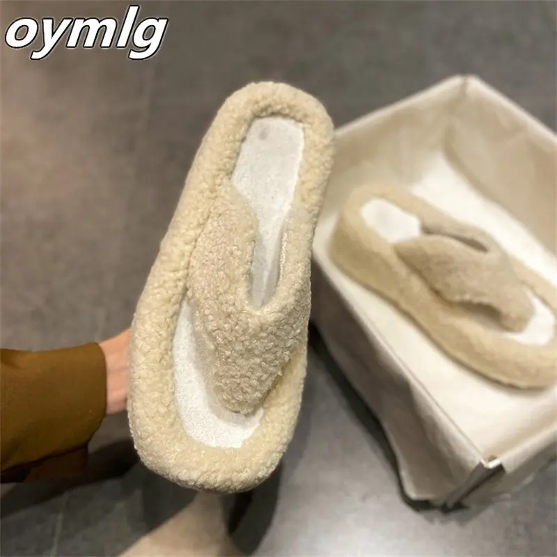 High heeled herringbone slippers 2022 new autumn winter lamb wool slope heel casual slippers for women to wear comfortably