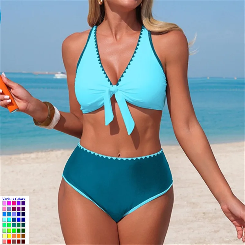 

Two Piece Bikini Set Women Tie Front Cross Back High Waist Scallop Edge Beach Swimwear Summer Pool Party Turquoise 2026 Biquini
