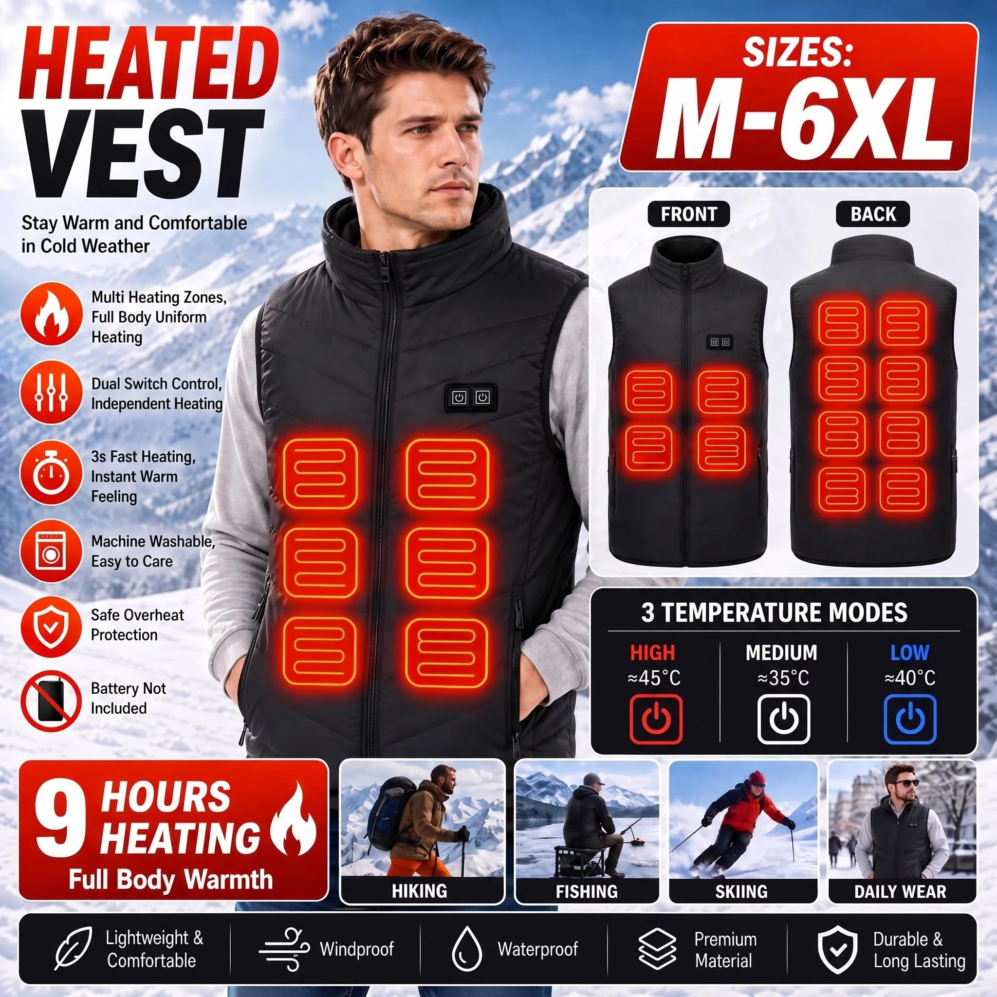 9 Heated Vest Zones Electric Heated Jackets Men Women Sportswear Heated Coat Graphene Heat Coat USB Heating Jacket For Camping