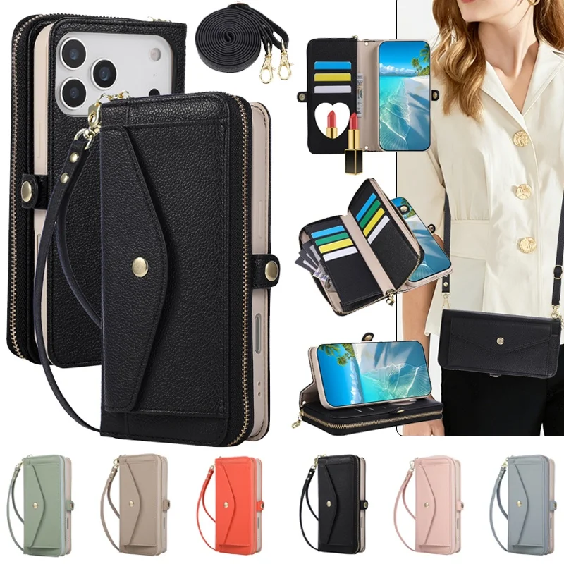 

Crossbody Leather Zipper Wallet Phone Case For iPhone 17 Air 16E 16 Pro Max 15 Plus 14 13 12 11 Flip Strap Cards Funda Cover Bag