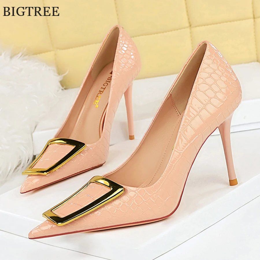 

Crocodile Pattern Sexy Pointy Toe Ladies Office Shoes 2024 Autumn Fashion Metal Buckle Shallow High Heels 10CM Women Pumps Party