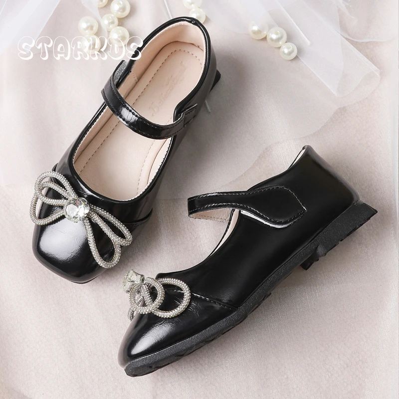 Zapatos de Ballet con lazo y diamantes de imitación para niños y niñas, Zapatos planos de charol, Mary Janes, elegantes, de cristal, para fiesta de