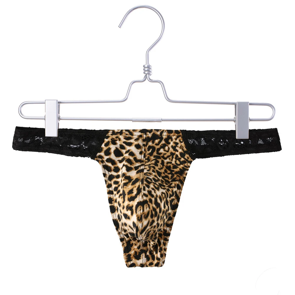 Tangas de leopardo sexy de renda masculina, roupa íntima de cintura baixa, calcinha oca com fio dental, leve e fina cueca com costas em T