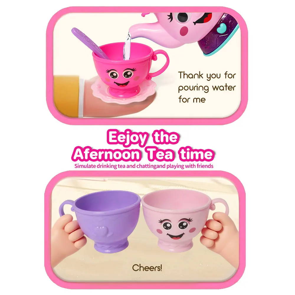 مجموعة إبريق شاي التظاهر بالشاي بعد الظهر للفتيات الصغيرات، لعبة وقت شاي الأميرة بعد الظهر، إبريق شاي كرتوني للموسيقى، لعبة مطبخ ديم سوم #4