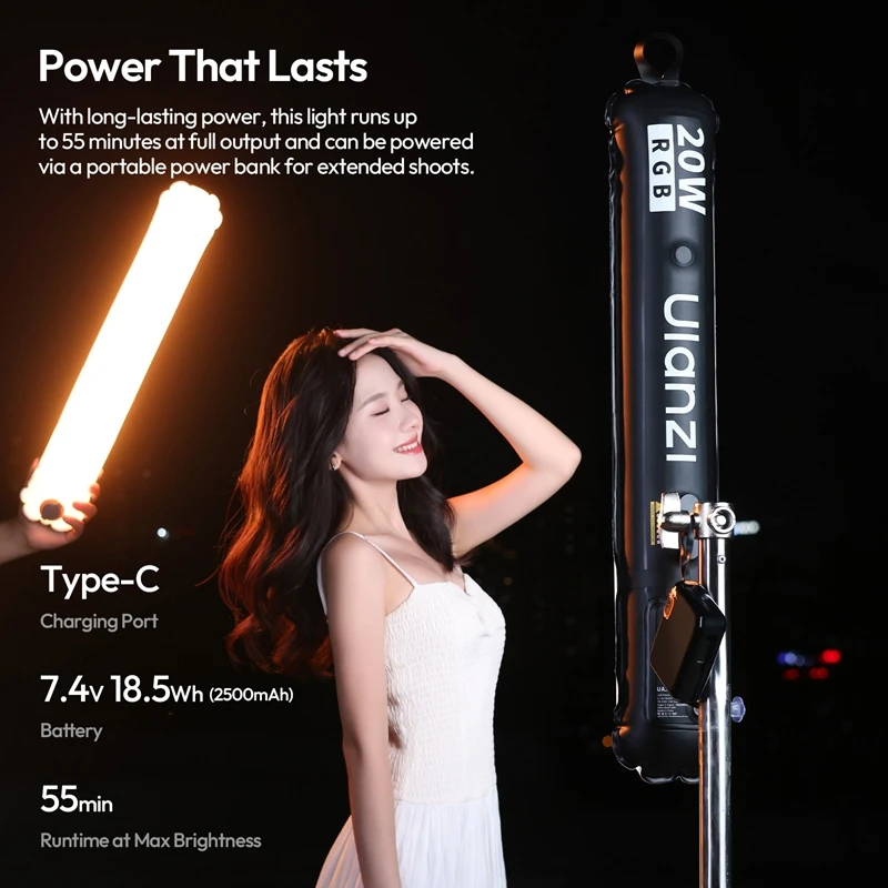 Ulanzi UA20C 20 واط RGB المغناطيسي الهواء أنبوب ضوء طوي الفيديو الضوئي 1800-10000 كيلو CRI 95 + ضوء كامل للتصوير الفوتوغرافي البث المباشر