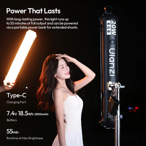 Imagen 2 del producto Ulanzi UA20C 20W RGB tubo de aire magnético luz de vídeo plegable 1800-10000K CRI 95 + luz completa para fotografía transmisión en vivo