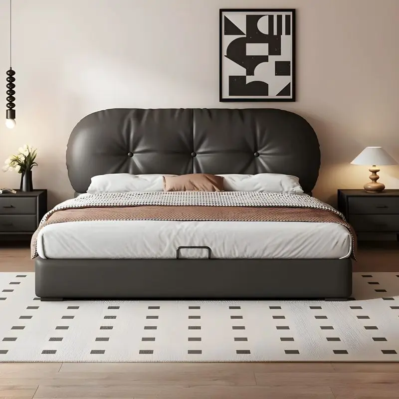 

French flush edge retro style master bedroom leather bed simple modern small apartment double Internet celebrity toast storage l