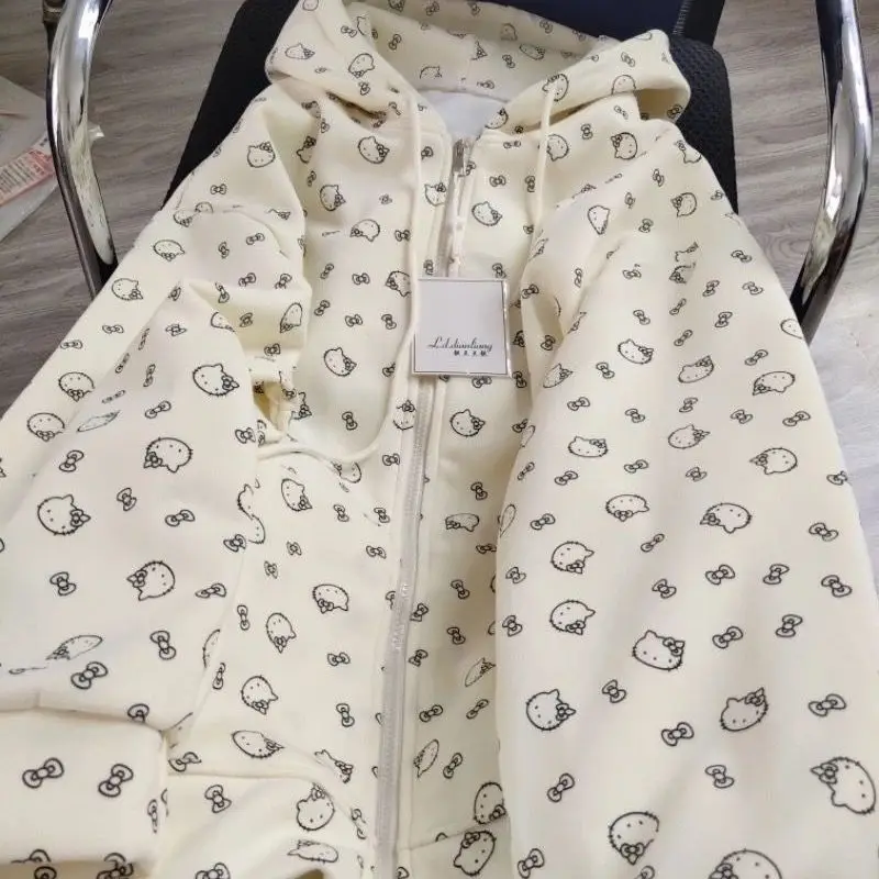 Sanrio Hello Kitty diseño estampado completo Sudadera con capucha versión coreana Y2K lindo estilo de niña abrigo con cremallera mujer otoño dulce chaqueta suelta caliente