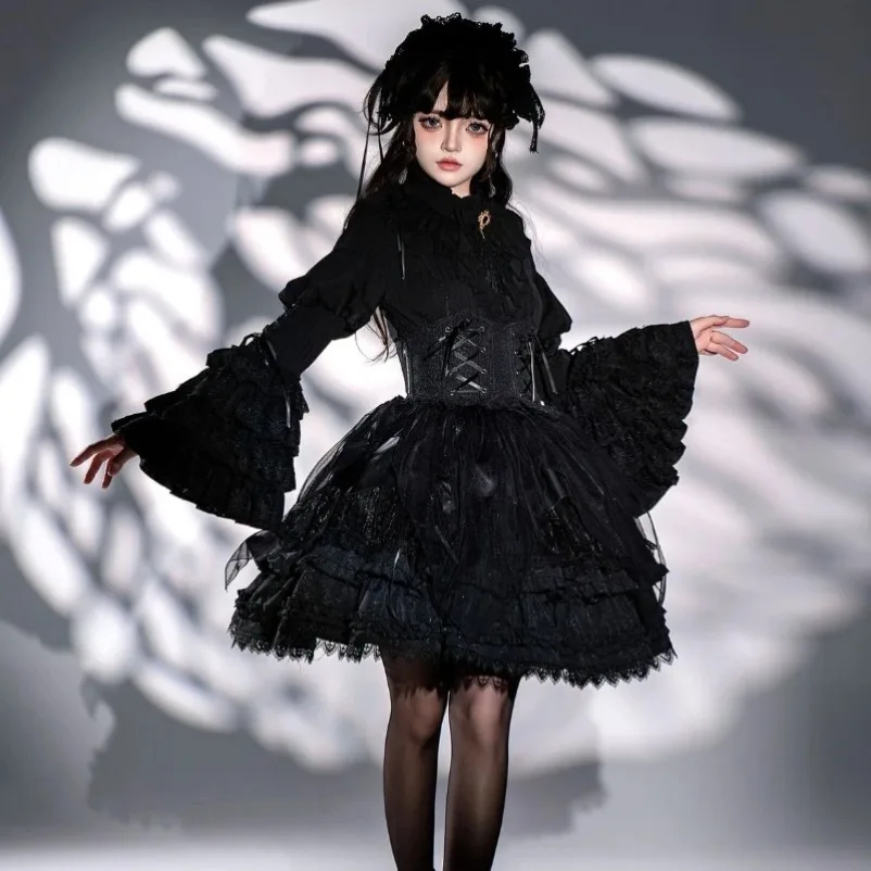 

Japanese Gothic Y2k Women Retro Lace Ruffle Flare 3 Piece Set Long Sleeve Bow Shirts Sweet Mini Cake Skirt Elegant Princess Suit