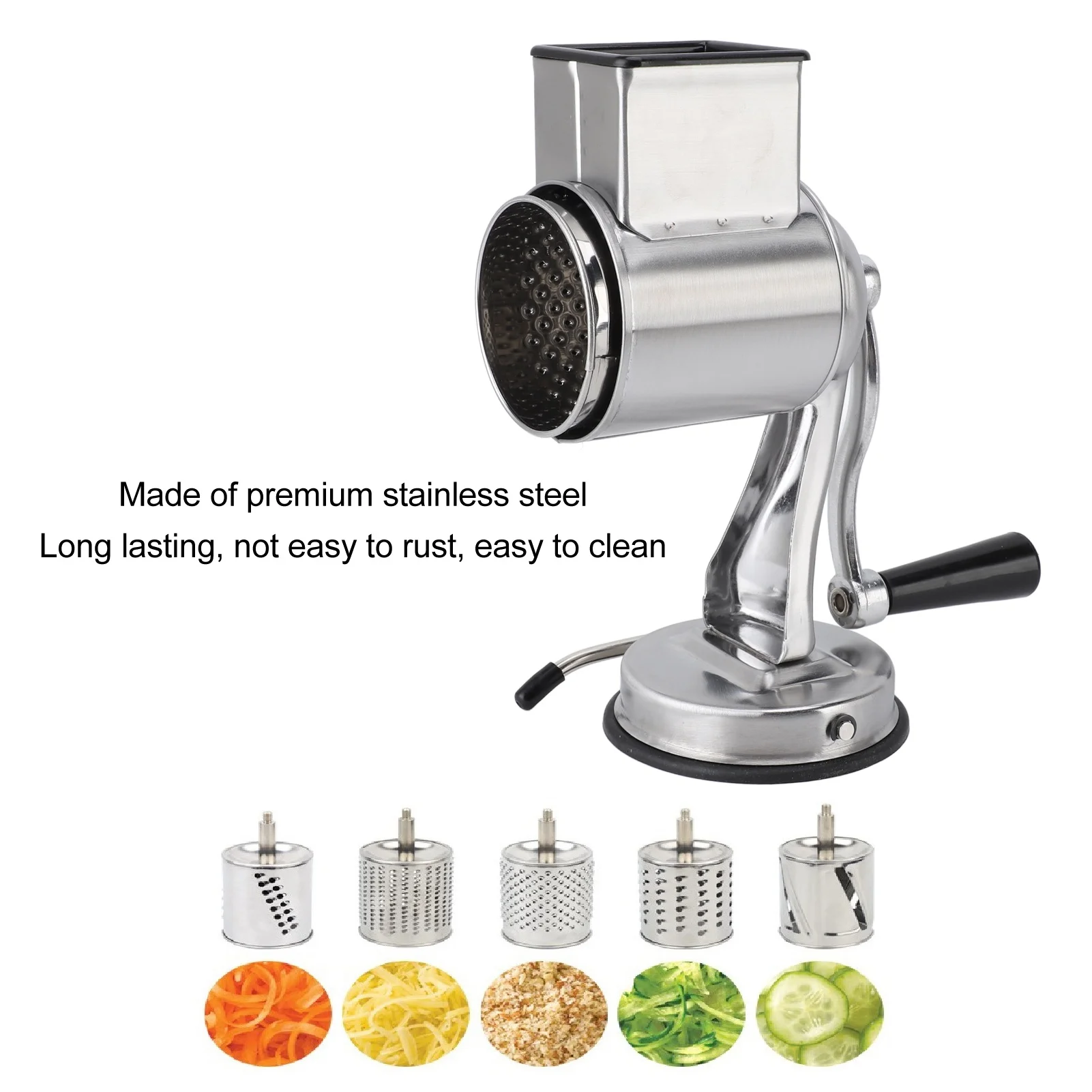 Manual Cheese Grater Shredder Stainless Steel Kitchen Hand Crank Grinder with 5 Interchangeable Blades and Handle for Vegetable