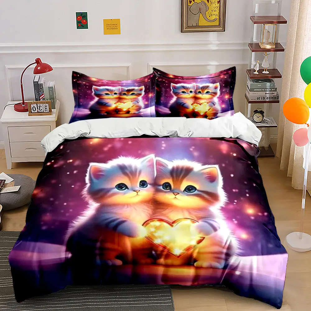 Two cute kittens hugging glowing heart Print Soft Comfortable Duvet Cover Bedding Set Included 1*Duvet Cover 2*Pillowcases