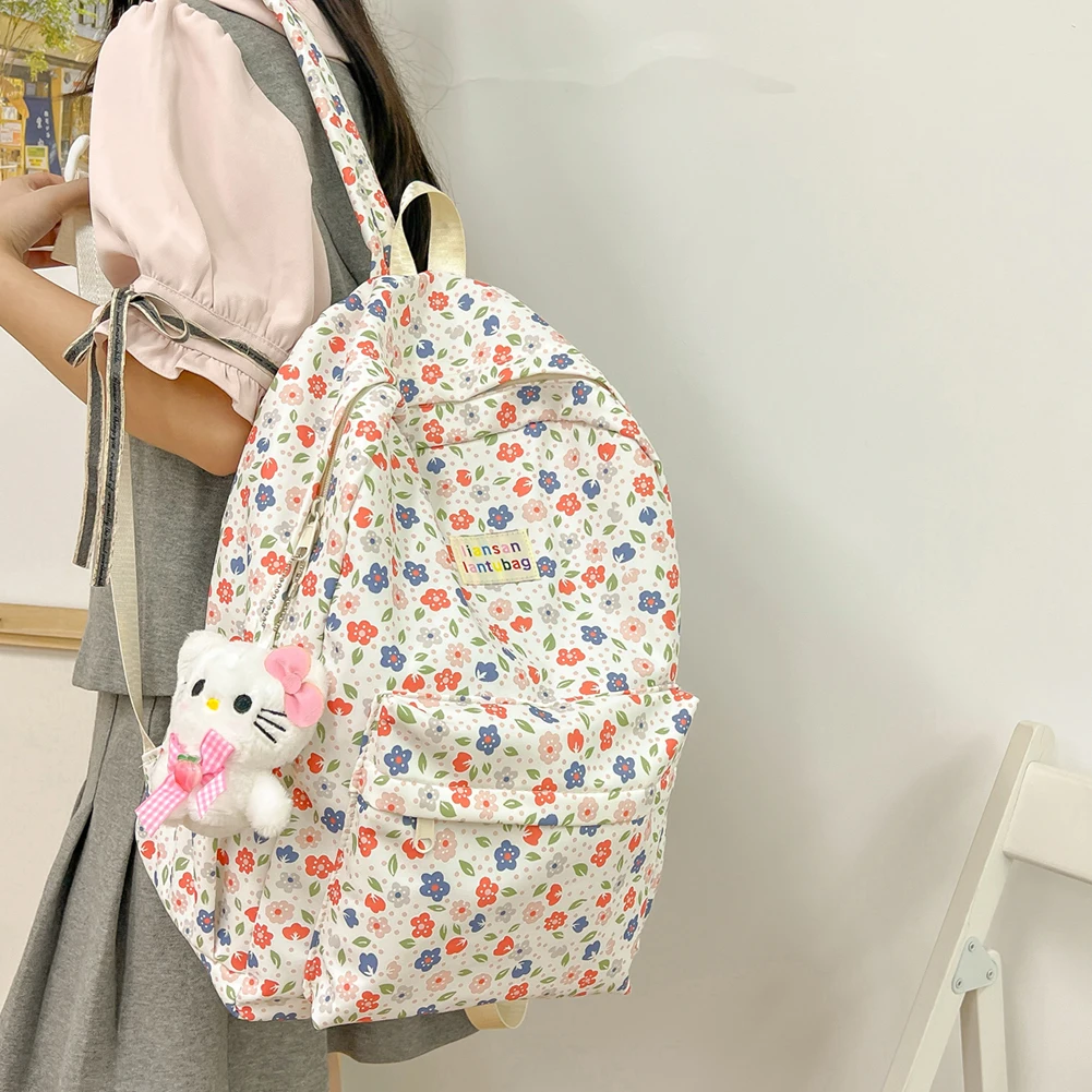 Japanese Floral Pattern Aesthetic Backpack Large Capacity Student Daypack Lightweight Casual Knapsack Teen Girls College Mochila