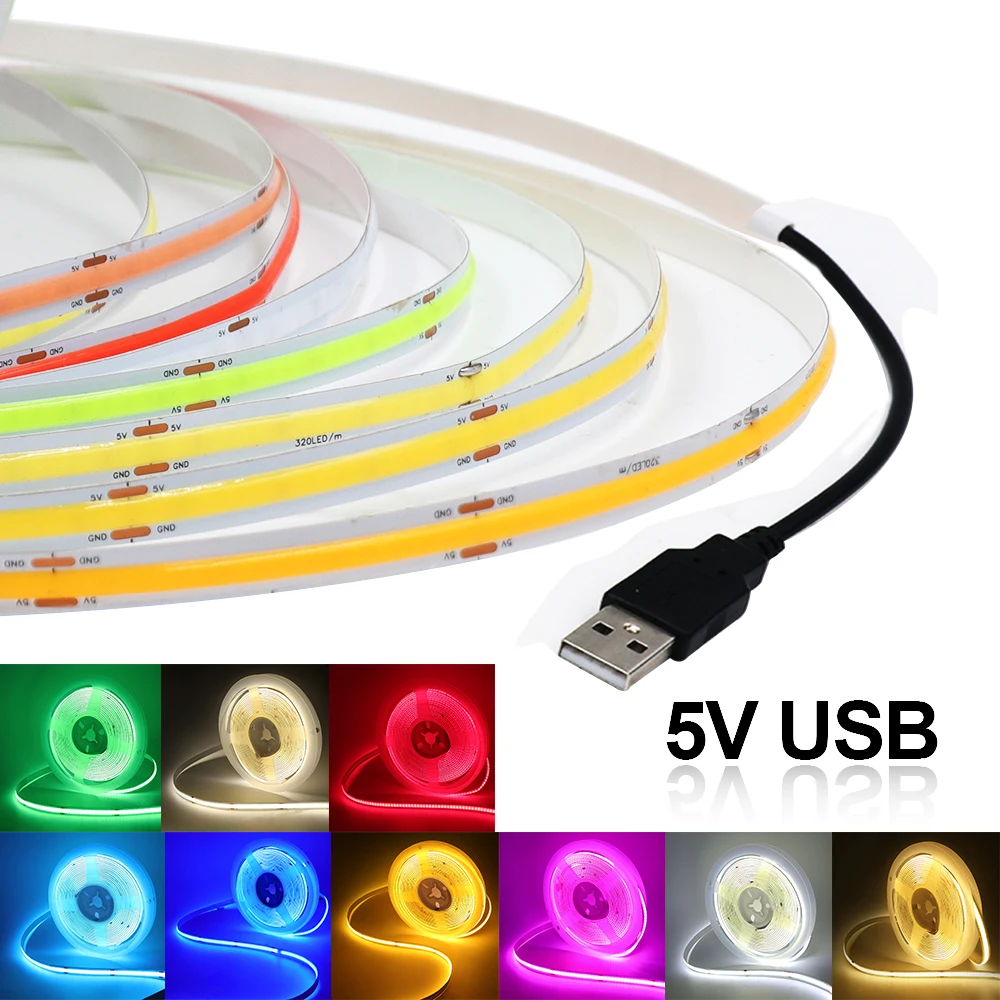 Striscia LED COB da 8mm 5V 320LED/m barra luminosa a nastro LED morbida ad alta densità 3000K 4000K 6000K rosso blu verde alimentata da cavo USB/2pin