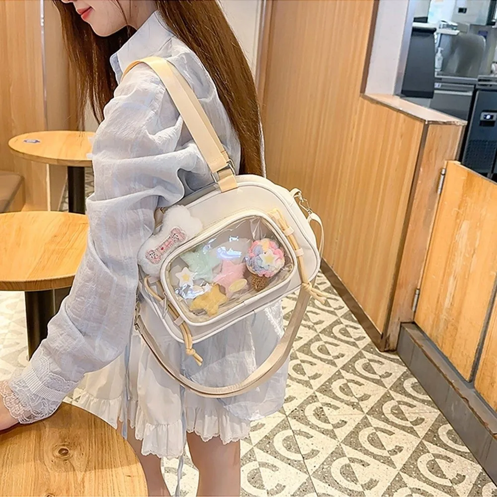 

Funny Cream Color Ita Bag Japanese Style Patchwork Pattern Transparent Pocket Backpack Large Capacity Nylon