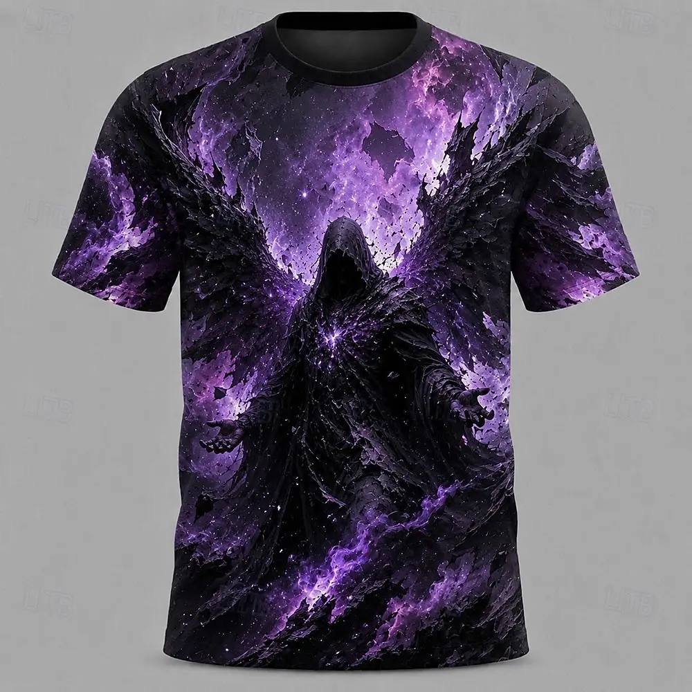 Men's Spring Summer 3D Printed Crew Neck T Shirt, Purple Galaxy Black Wing Reaper Dark Fantasy Gothic Graphic Casual Top