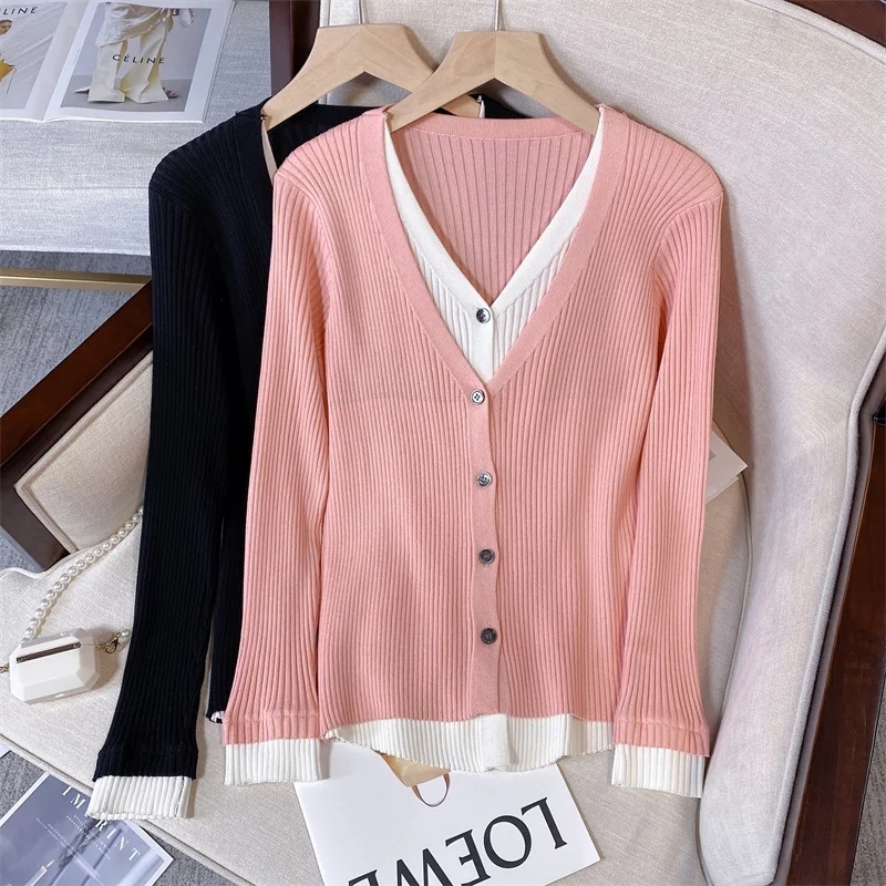 Large Loose Knitted Cardigan Women Autumn Fashion Fake Two Pieces Knit Sweater Female XL-4XL V-neck Patchwork Knitwear