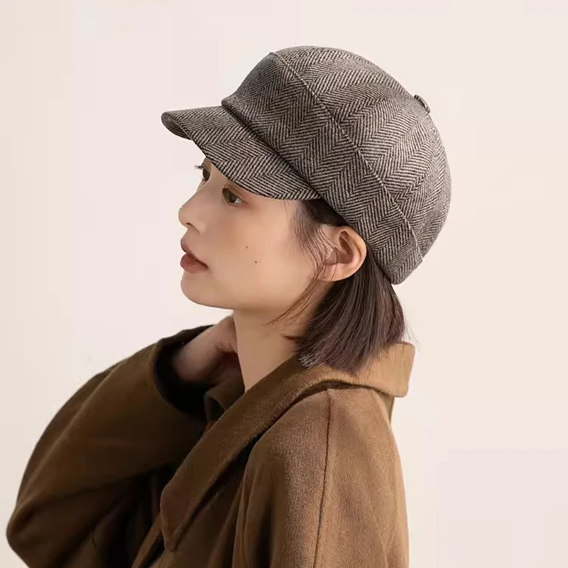 Retro Short-brimmed Berets for Women Autumn and Winter British Versatile Painter Hats Showing Face Small Octagonal Newsboy Cap