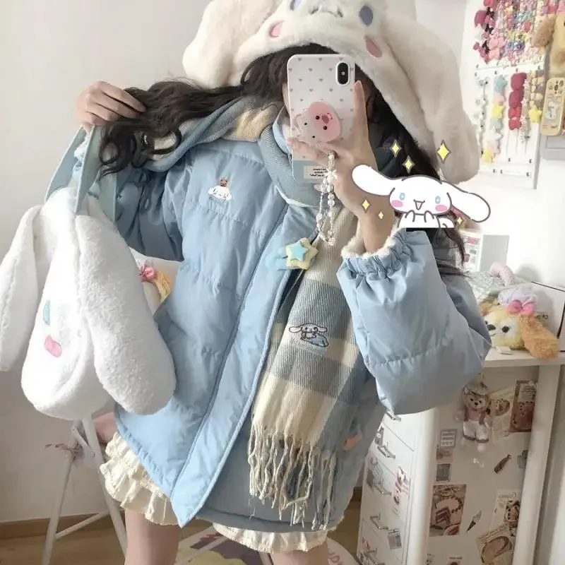 Sanrioed Cinnamoroll Padded Jacket Women Double-Sided Cotton Coat Kawaii Hello Kittys Christmas Embroidery Plus Velvet Tops Cute