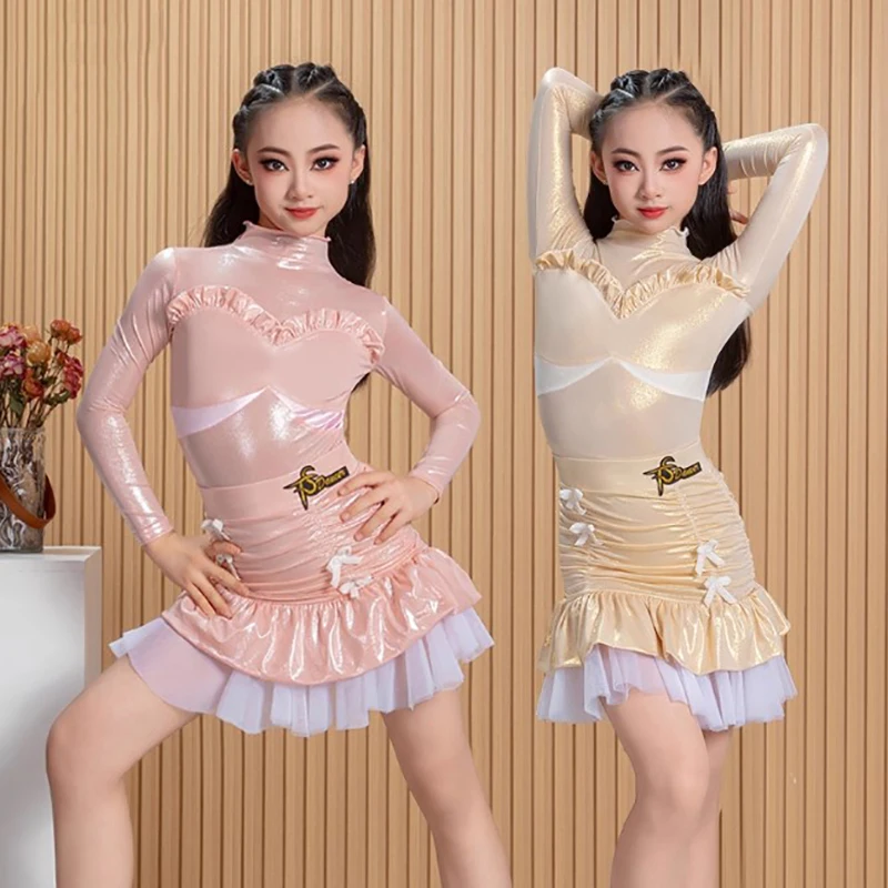 

Kids Girl Latin Dancewear Long Sleeve Hot Stamping Bodysuit and Chiffon Shirring Skirt Set Children Practice Competition Costume