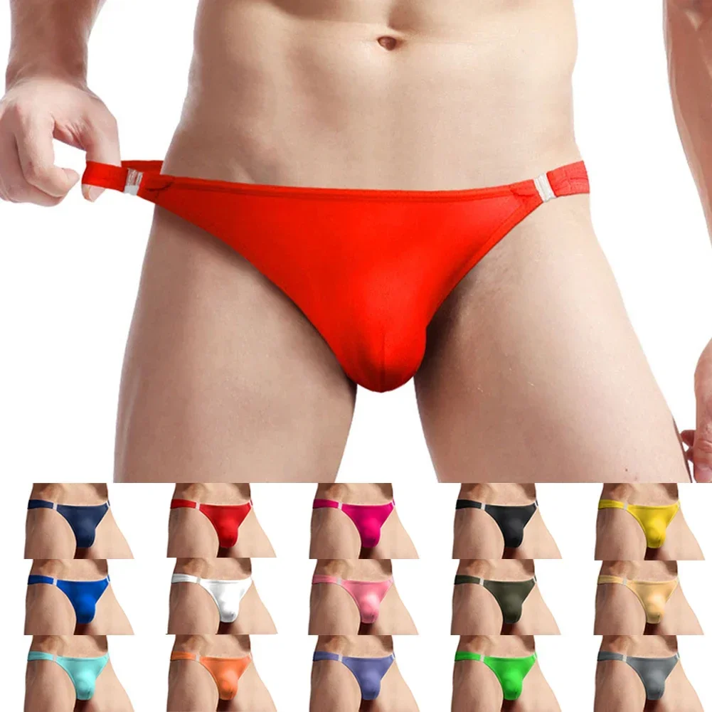 Sexy Mens Thin Ice Silk Thong Panties Convex Pouch Breathable T Back Underpants Low Waist Button G-string Underpants Lingerie