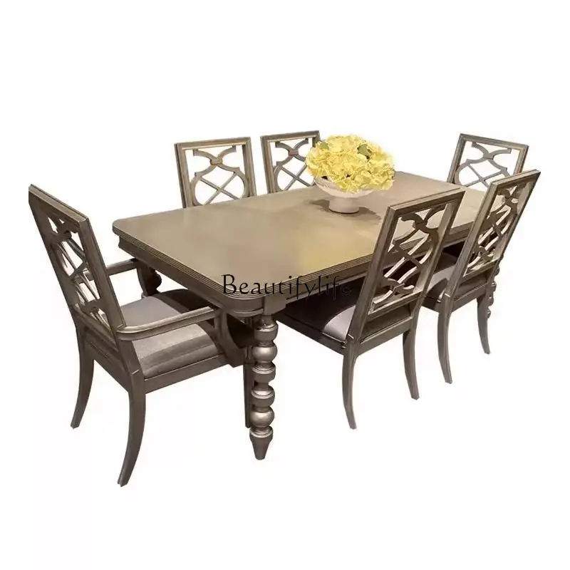 

American champagne solid wood dining table and chair combination carved rectangular dining table premium gray