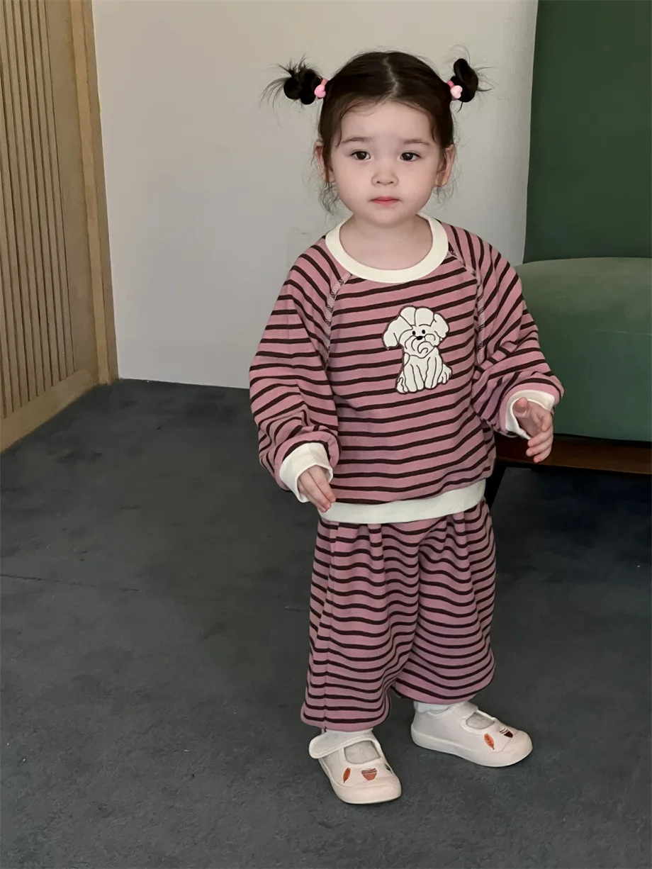 2024 Autumn New Baby Long Sleeve Striped Set Infant Girls Cartoon Sweatshirt + Loose Pants 2pcs Suit Kids Toddler Casual Outfits