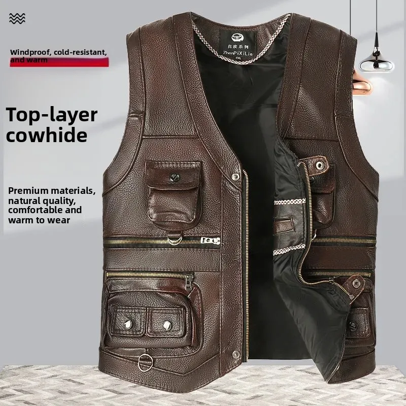 Genuine Leather Vest Men's Casual Top Layer Cowhide Vest Multiple Pockets Spring Autumn Winter Dad's Clothes