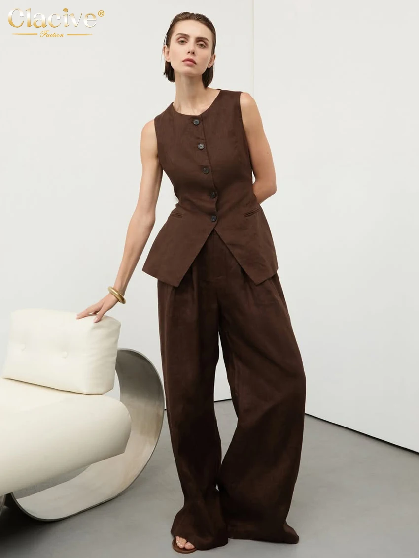 Brown Linen Pants Set: Sleeveless Tank and High Waist Wide Trousers