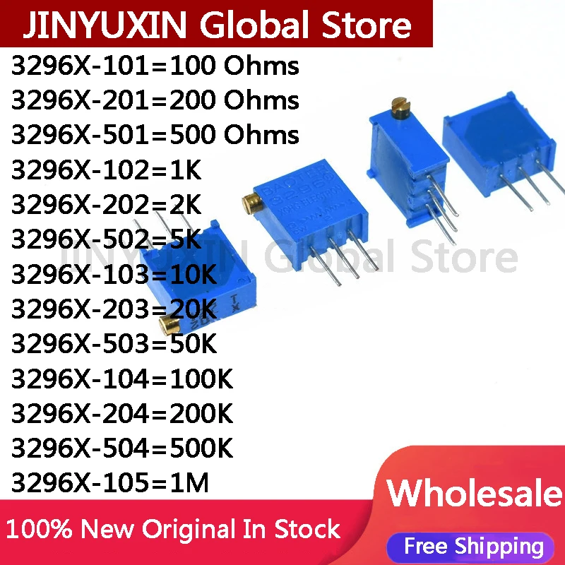 50Pcs 3296X-101 3296X adjustable potentiometer 1K 2K 5K 10K 20K 50K 100K 200K 500K 1M side adjustment 103 104