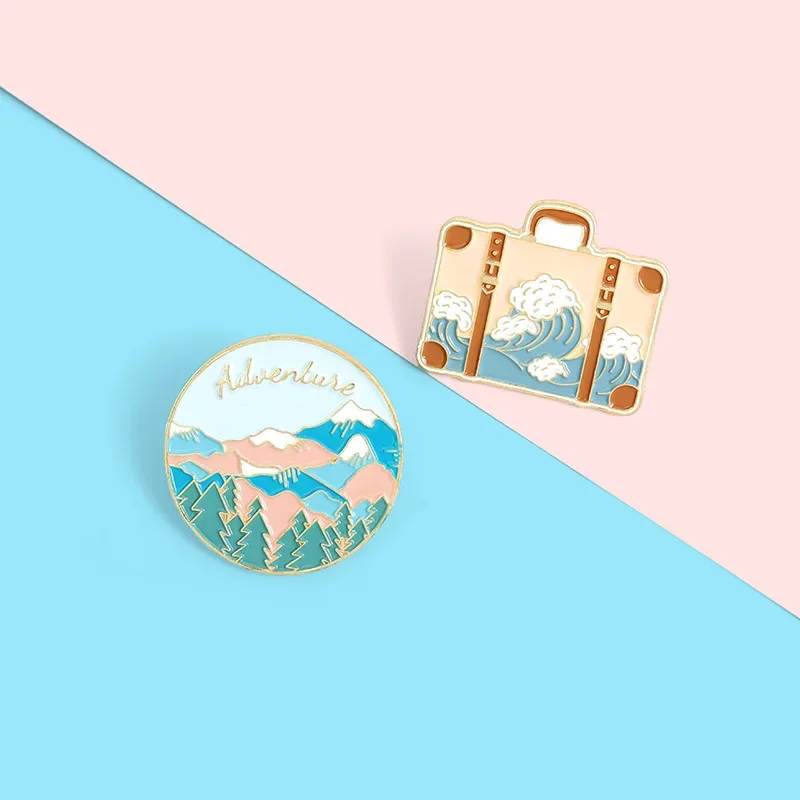 Travel Far Painting Ocean Handbag Enamel Lapel Pins Cute Brooches Metal Badges Fashion Pins Gifts for Friends Wholesale Jewelry