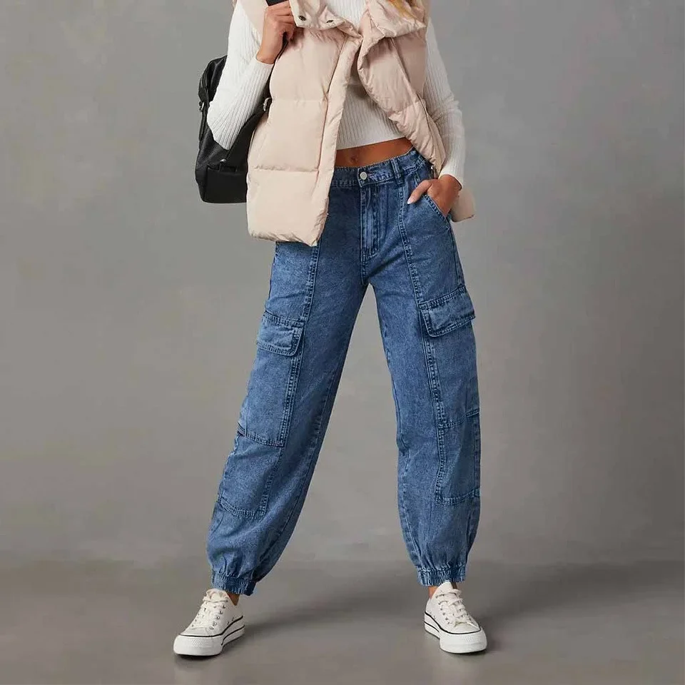 Pantaloni cargo in denim da donna Pantaloni multitasche vintage invecchiati alla caviglia Streetwear Jeans casual autunnali 2025