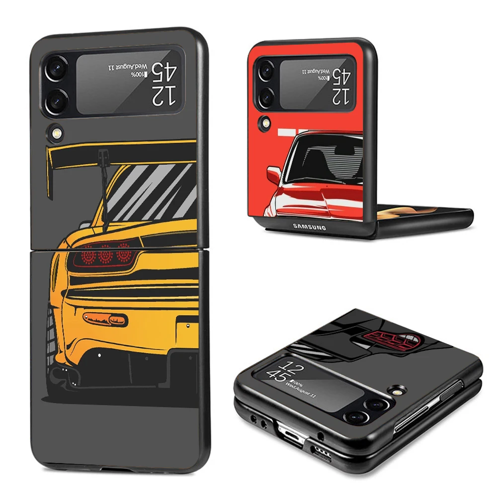 Capa Dura Preta para Samsung Galaxy Z Flip, Japão JDM Carros Esportivos Quadrinhos, Flip4, Flip3, Flip5 Padrão, Luxo