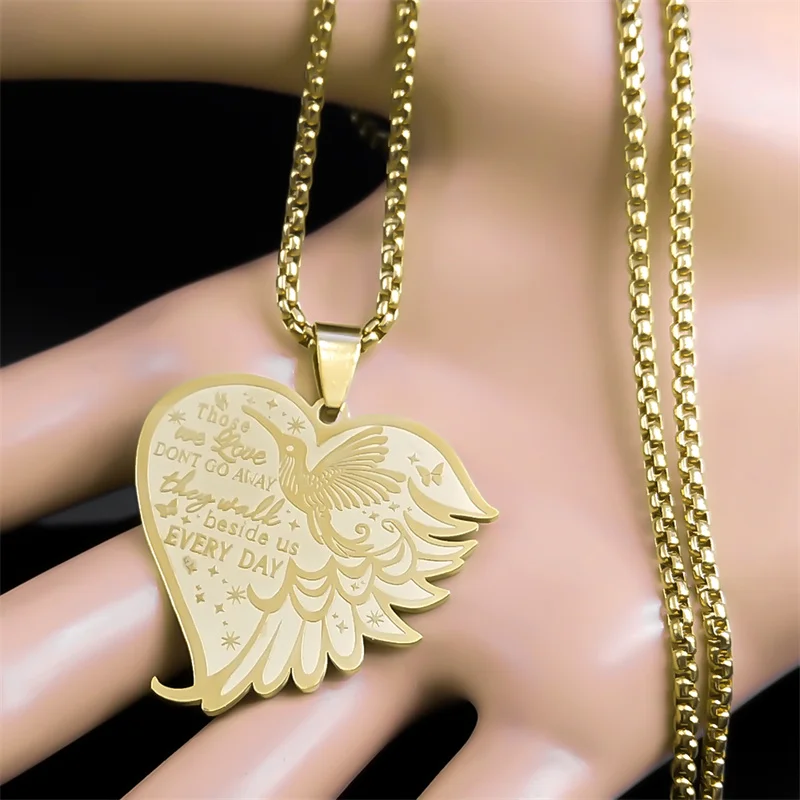 Aesthetic Hummingbird Wing Heart Necklace for Women Men Stainless Steel Those We Love Dont Go Away Chain Jewelry NZZZ545S02