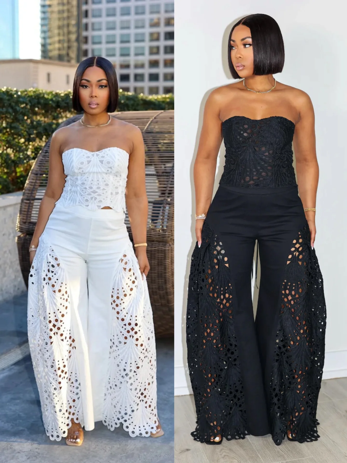 OL6169 Elegant Hollow Out Lace Breast Croset Tube Top And Wide Legs Pants Set Womens Lace Tracksuits Palazzo Set Sexy Clubwear