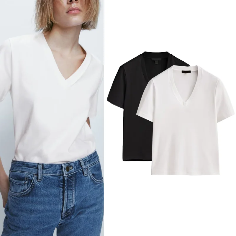 

Faionable Loose Fit V-Ne ort Sve Basic Sle T-irt Women's Summer New Arrival MD Fem Clothing Stand Edition