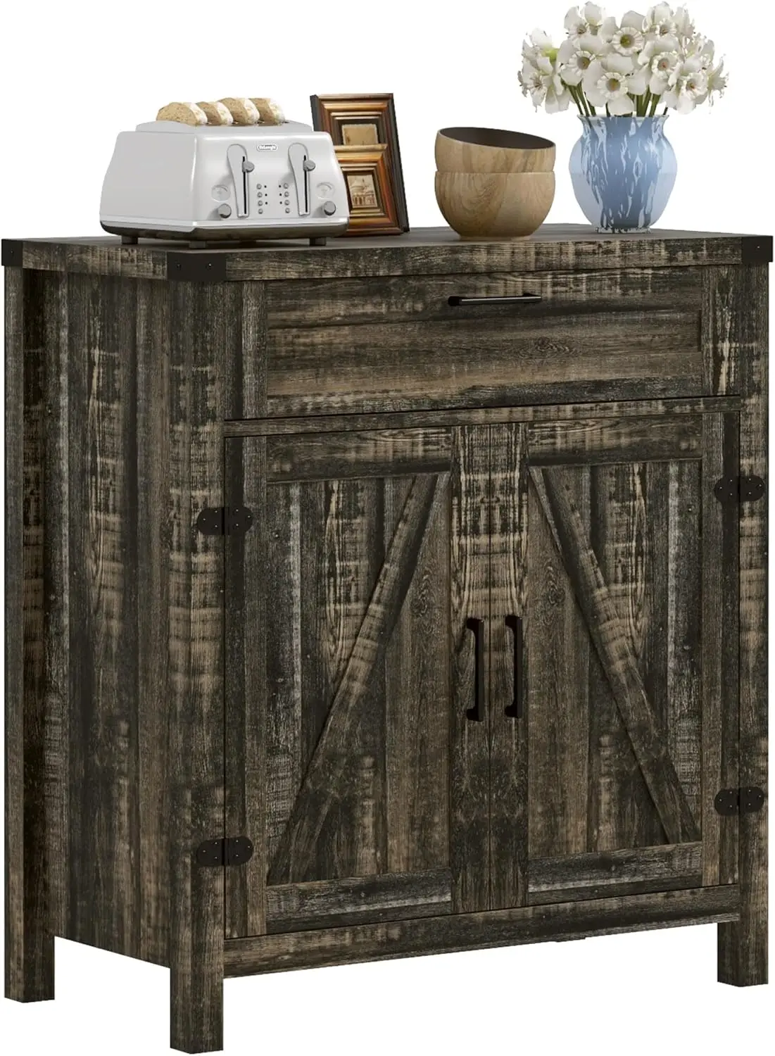 

Modern Farmhouse Sideboard with Storage Drawer, 2 Barn Doors, Coffee Bar Cabinet in Dark Oak