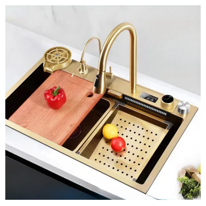 Black Nano SUS 304 Flying Rain Digital Display Single Bowl Kitchen Sink with Modern Design and Multifunctional Features