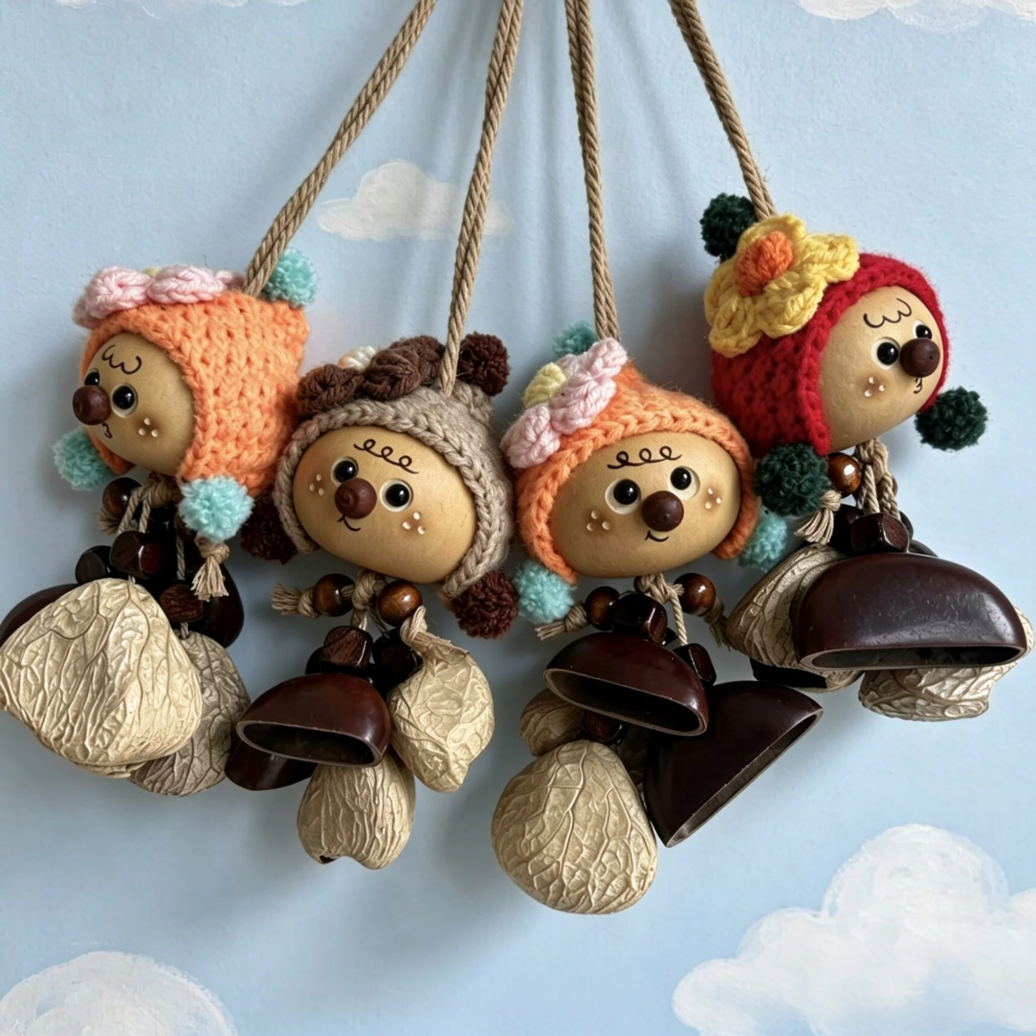Cute Gourd Doll Bag Charm, Nutshell Wind Chime, Backpack & Car Hanging Ornament, Handmade Natural Gift