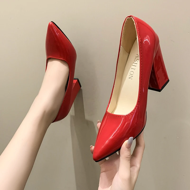 10cm High Heel Colorful Pumps Women\'s Shoes Pointed Toe Fashion Red 3.9inch Chunky Heels Patent Leather Female Plus Size 49 50