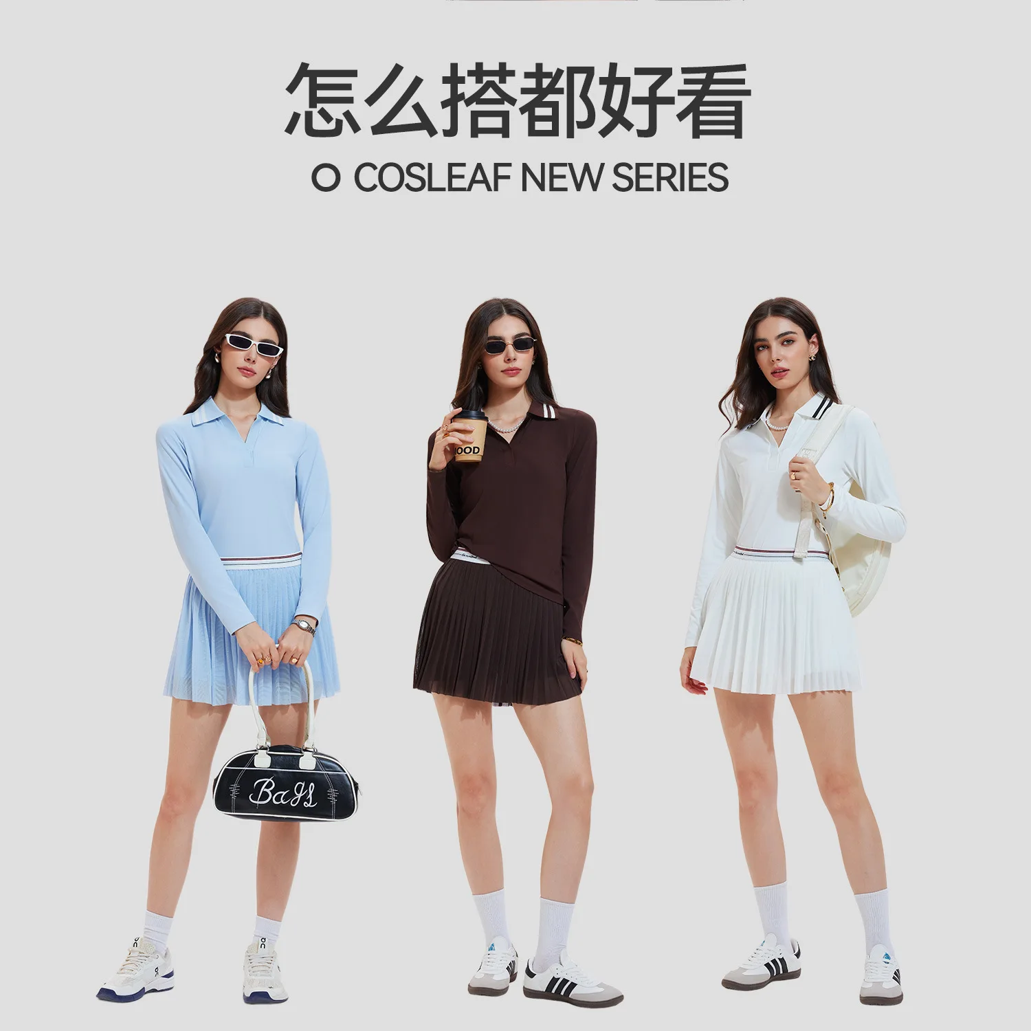 

V-neck golf POLO shirt for autumn and winter,nude brushed fitness long-sleeved outdoor quick-drying tennis suit set for women