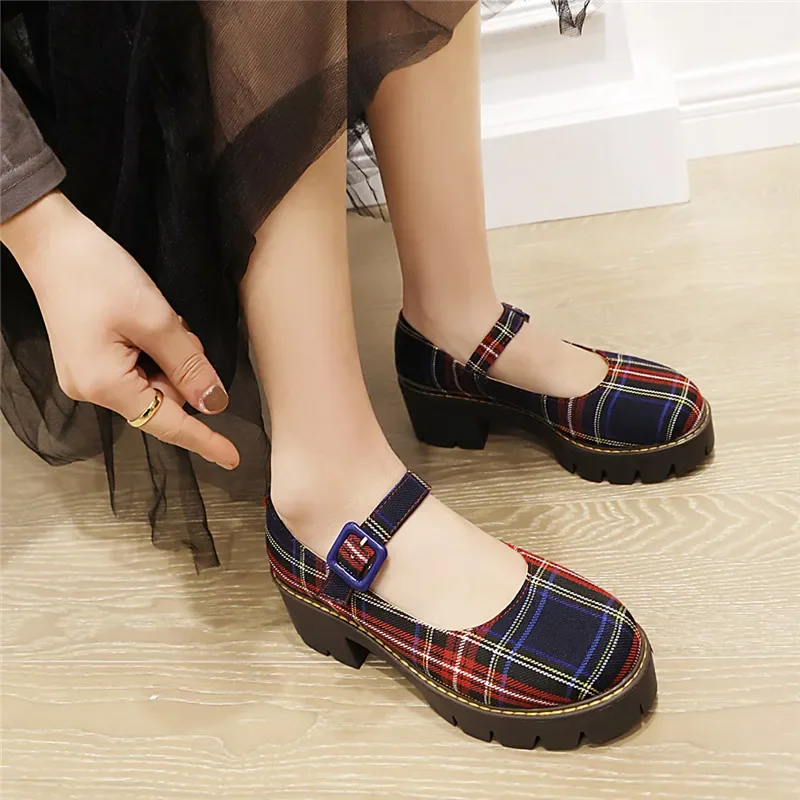 YQBTDL Nylon Leather Vintage Platform Plaid Mary Janes Pumps Women 2021 Four-Seasons High Heel Round Toe Goth Shoes Student New