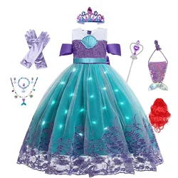 Girls Summer off Shoulder Little Mermaid Dress with LED Lights Kids Birthday Party Costumes Glowing Mesh Mid Length Dresses