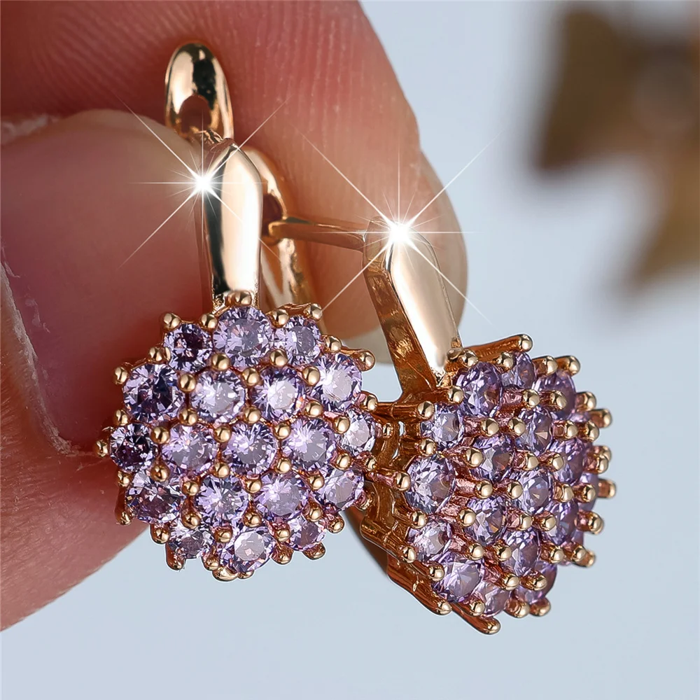 Lindos pendientes de aro con forma de girasol y circonita morada para mujer, joyería de boda de color dorado a la moda para mujer